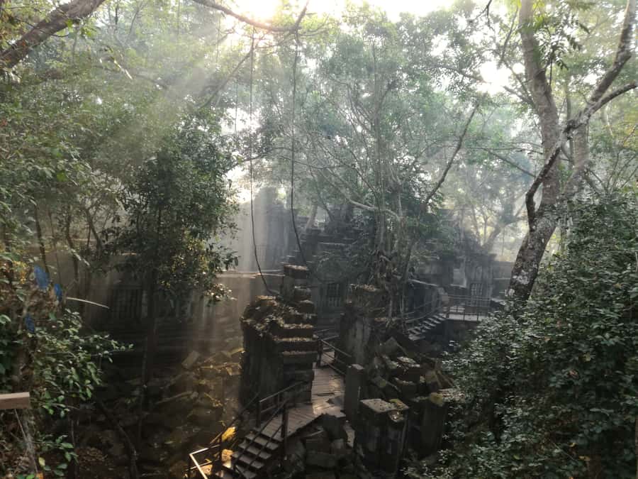 From Siem Reap: Half-Day Tour to Beng Mealea Temple - Arriving at a ruin covered by vegetation